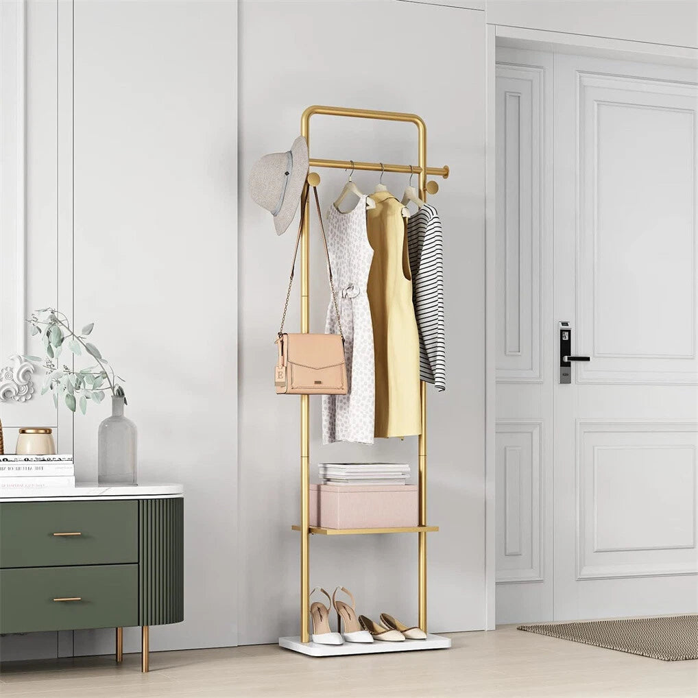 Gold Metal Clothes Rack with Marble Base for Home or Hotel Entryway