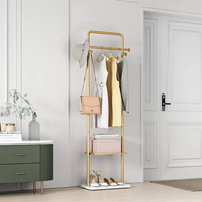 Gold Metal Clothes Rack with Marble Base for Home or Hotel Entryway