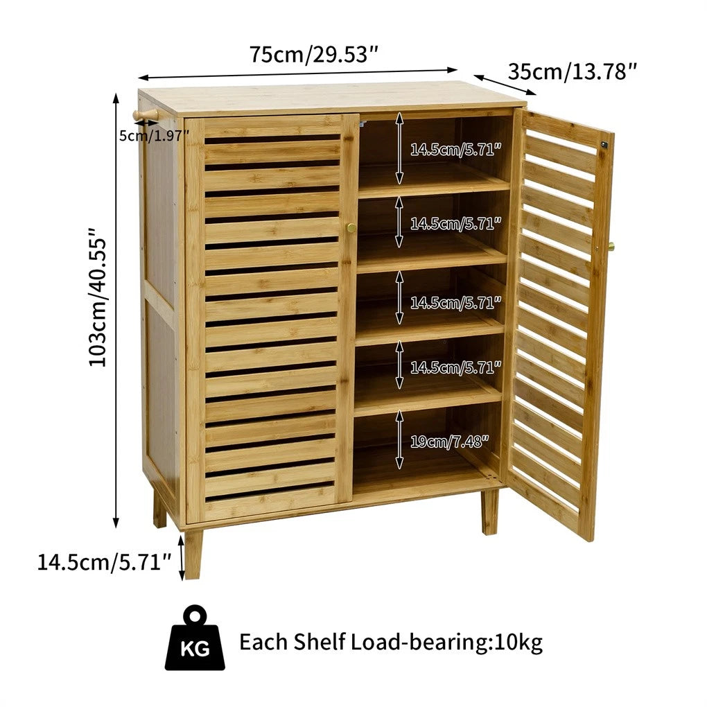 5-Tier Ventilated Shoe Organizer Cabinet Freestanding Bamboo Shoe Storage Rack