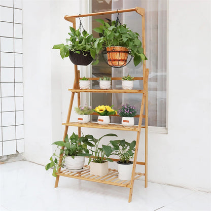 3 Tier Bamboo Plant Stand Folding Ladder Shelf with Hanging Rack - Indoor Outdoor Flower Pot Display Stand Natural Wood