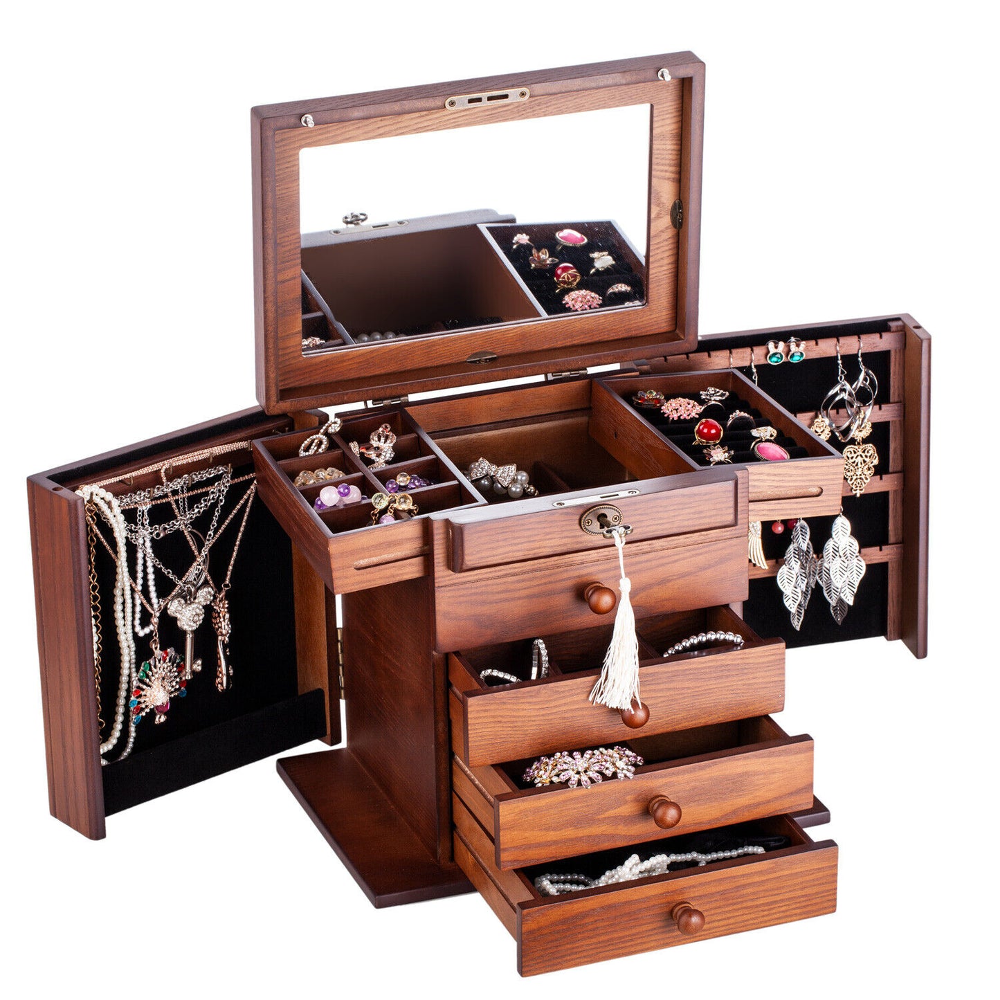 Stylish Brown Wooden Jewelry Cabinet: Large Rings Display Cabinet with Earring Storage Organiser