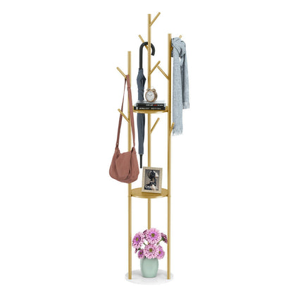 P&P Gold Metal Floor Coat Rack Stand Independent Marble Base Hat Clothes Hanger Tree