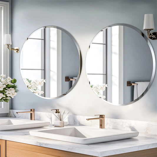 Beveled Glass Wall Mirror for Bathroom & Living Room(#2 Round - 80x80cm/ 31.50x31.50 inch)