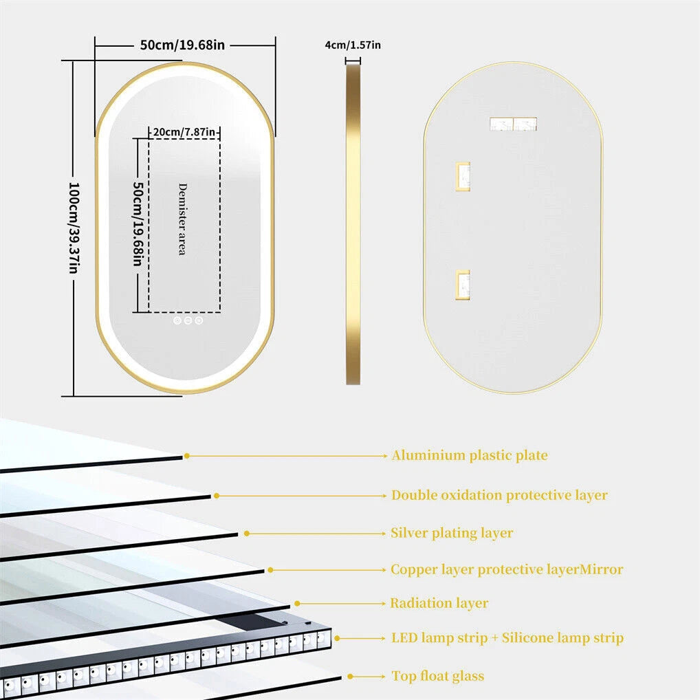 Oval LED Bathroom Mirror with Lights Luxury Gold Frame Anti-Fog Dimmable Wall Mirror, 3 Color Modes & Memory Function