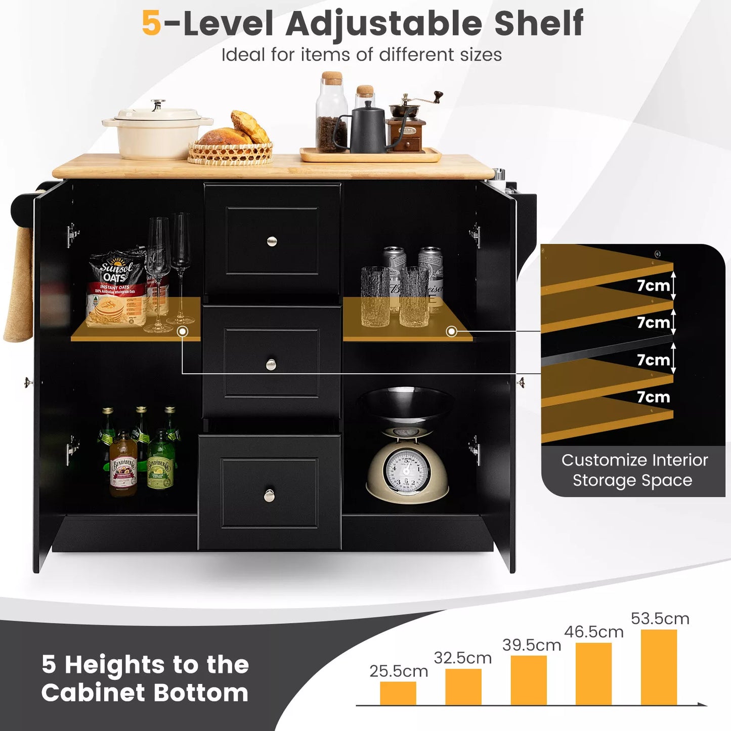 Mobile Kitchen Island Cart with Storage Cabinet and Hidden Wheels – Large Buffet Sideboard