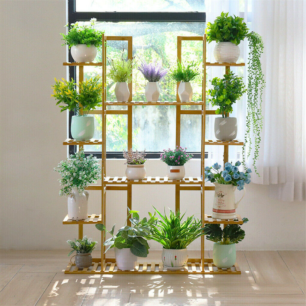 9 Tier Bamboo Plant Stand Corner Shelf Garden Flower Pot Display Indoor Outdoor