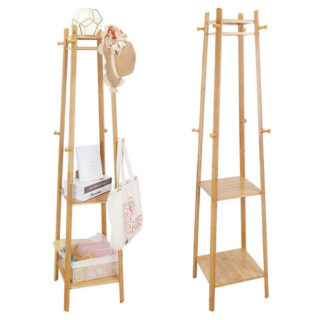 Coat Stand Rack – Wooden Standing Hanger Tree with Hat & Umbrella Hooks, Shoe Shelves Storage (AU)