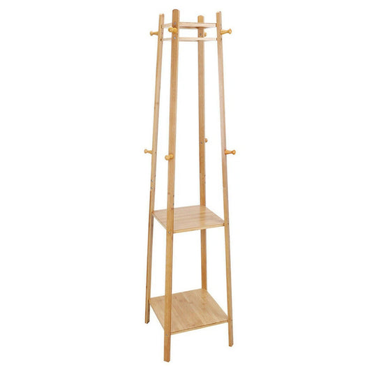 2 Tier Bamboo Hall Tree Coat Rack with Clothes Hanger and Storage Shelves