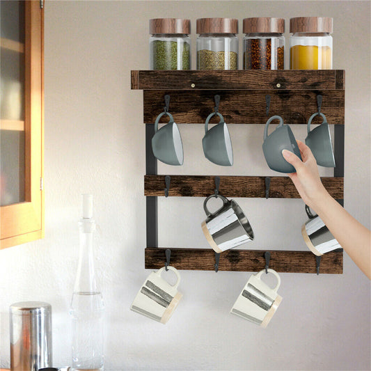 Wall Mounted Coffee Mug Rack Holder With 12Hook Display Storage Collection Shelf