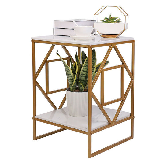 P&P 2 Tier Square Side End Accent Table Marble Vein Living Room Corner Table Art Dec