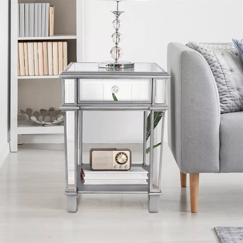 2-Tier Luxury Silver Mirrored Side Table Nightstand with Drawer Sofa Side Bedside