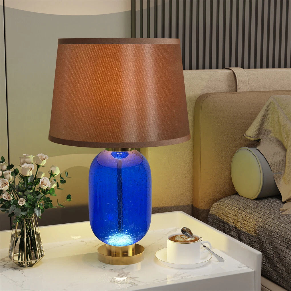 Blue Glass Table Lamp with Gold & Brown Shade