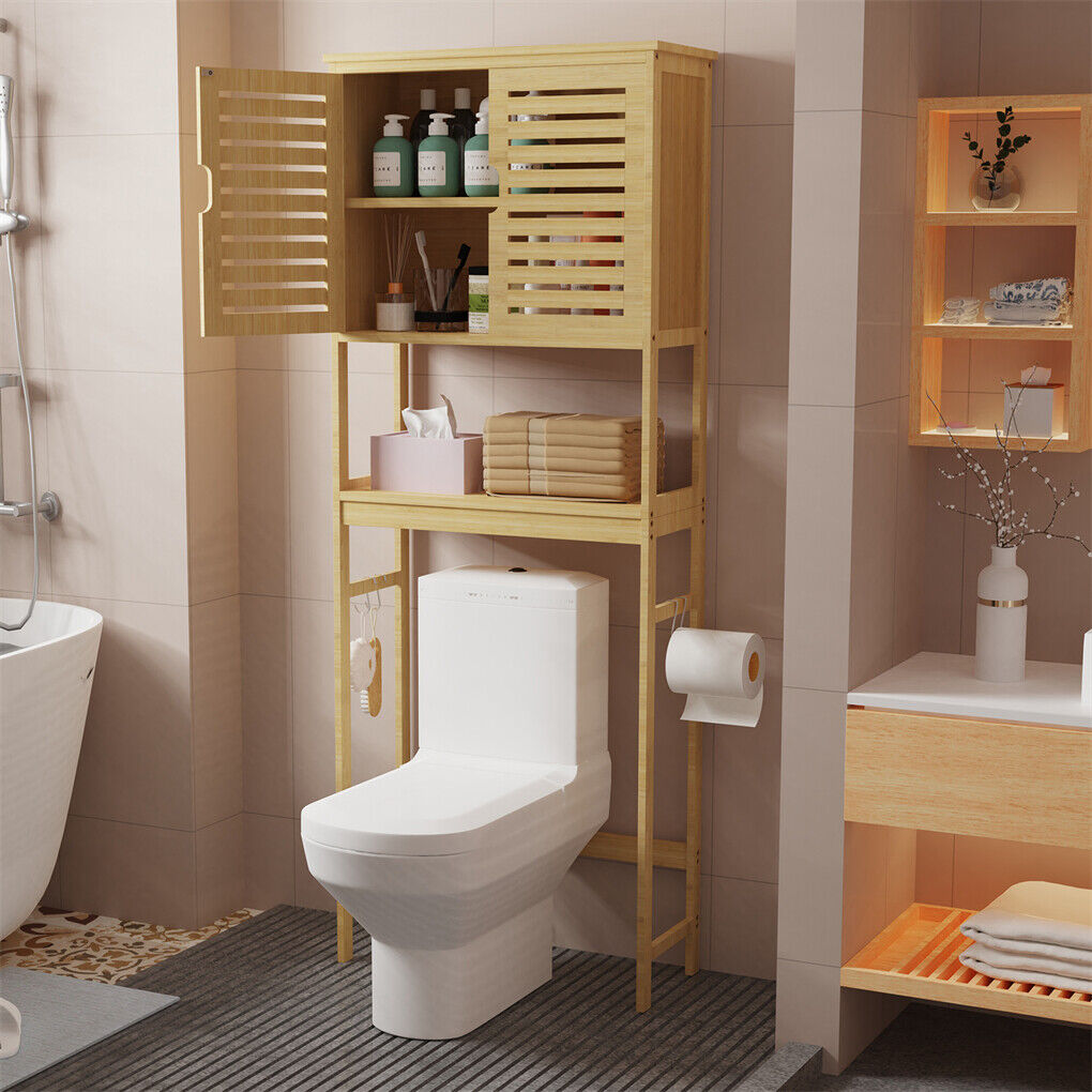 P&P 4-Tier Bamboo Bathroom Toilet Storage Rack Space-saving Open Shelf & Cabinet