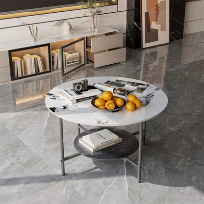 White & Black Round Coffee Table with 2?Tier Sintered Stone & Storage
