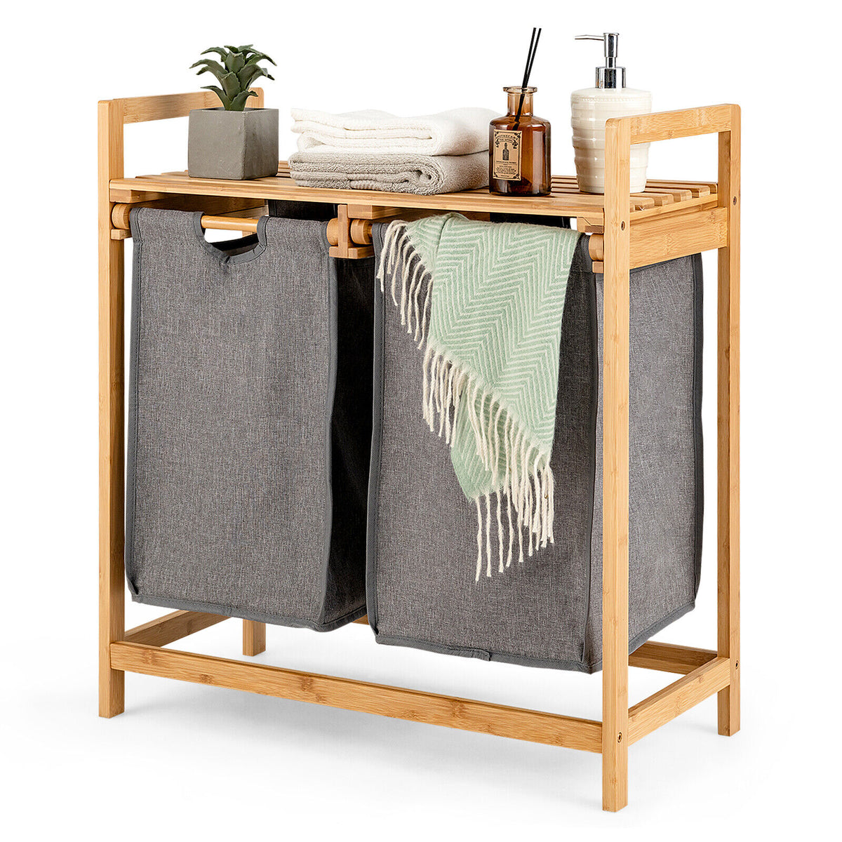 Bamboo shelf laundry hamper with washing bags