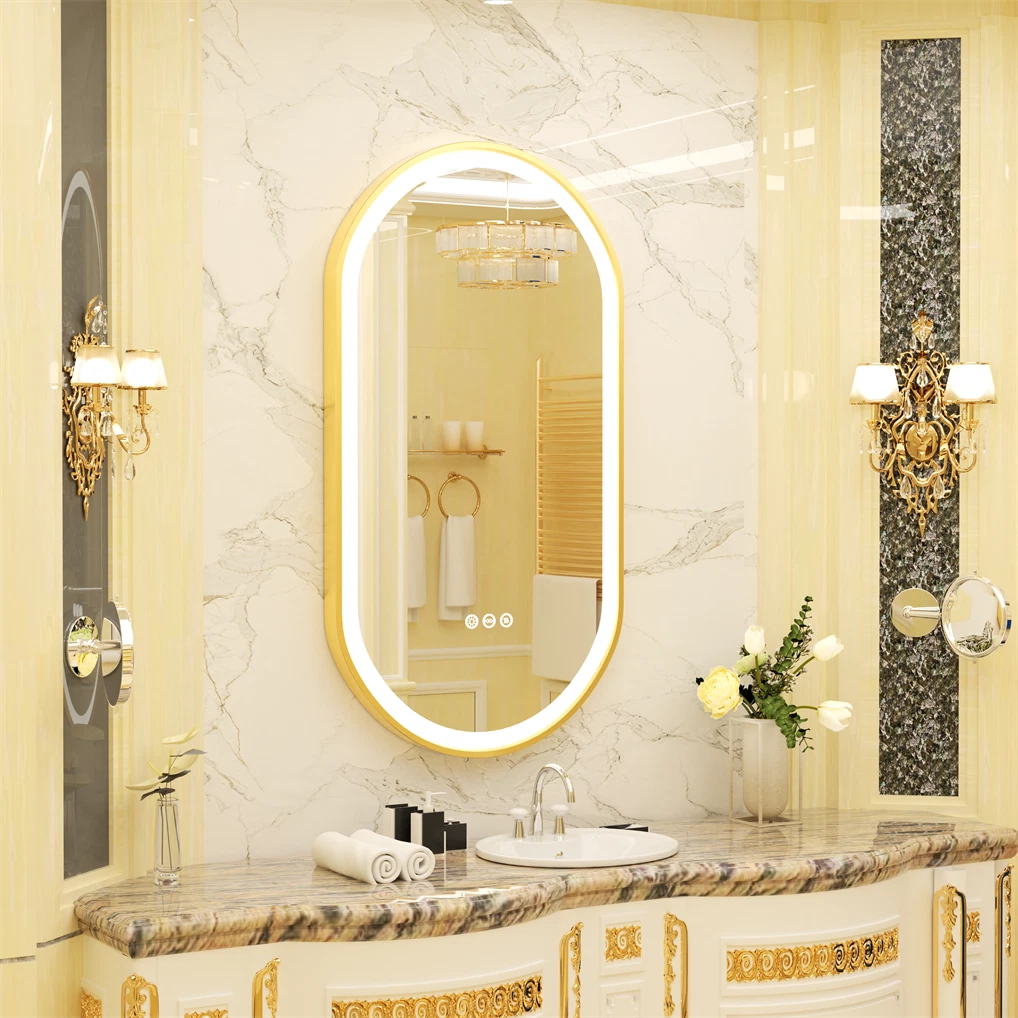 Oval LED Bathroom Mirror with Lights Luxury Gold Frame Anti-Fog Dimmable Wall Mirror, 3 Color Modes & Memory Function