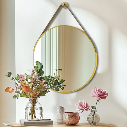 Round Wall Mirror with Leather Strap, Brushed Gold Metal Frame Makeup Vanity Mirror for Bathroom, Living Room, Entryway, Bedroom