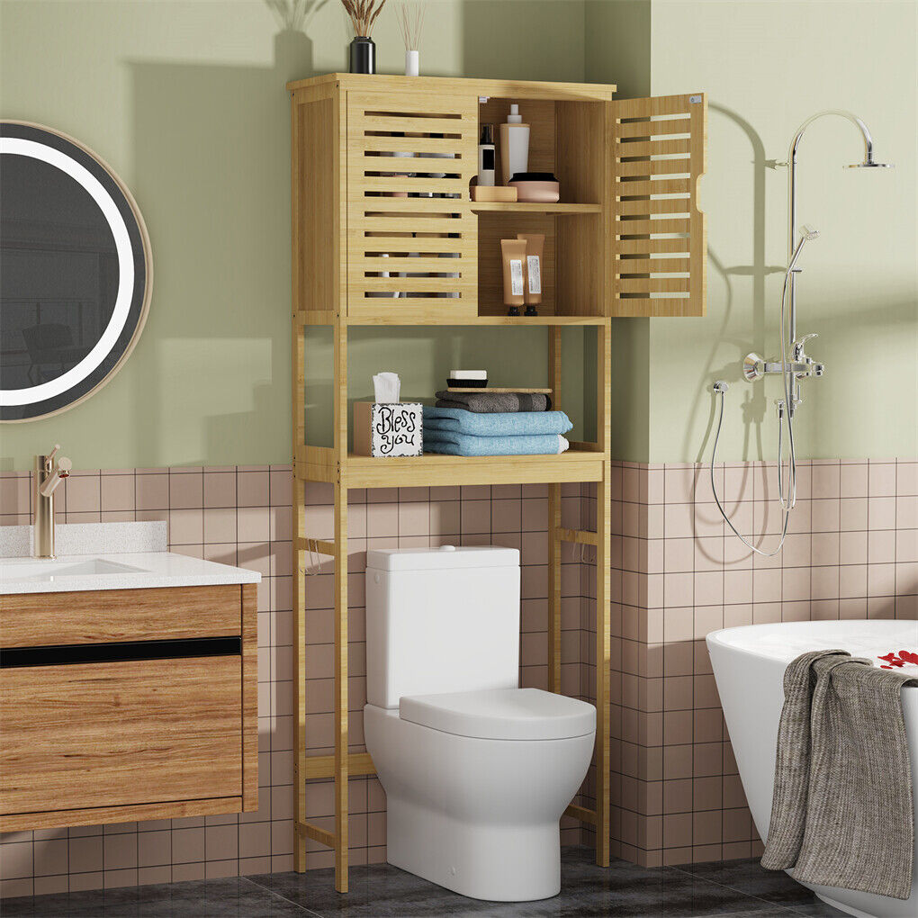 P&P 4-Tier Bamboo Bathroom Toilet Storage Rack Space-saving Open Shelf & Cabinet