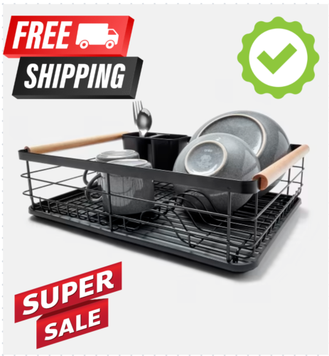 Buy Dish Drying Rack – Black with Wooden Handle AU