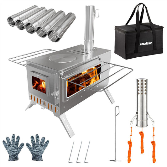 P&P Portable Camping Tent Stove Stainless Steel Wood Burning Stove w/ 7 Chimney Pipe