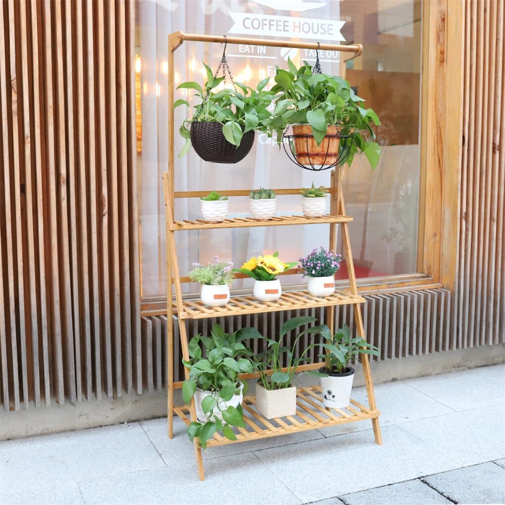 3 Tier Bamboo Plant Stand Folding Ladder Shelf with Hanging Rack - Indoor Outdoor Flower Pot Display Stand Natural Wood