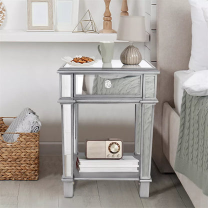 2-Tier Luxury Silver Mirrored Side Table Nightstand with Drawer Sofa Side Bedside