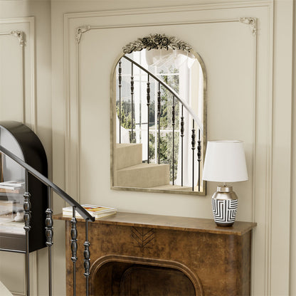 P&P Vintage Baroque Decorative Mirror Arched Antique Brass Wall Mirror Entryway Deco
