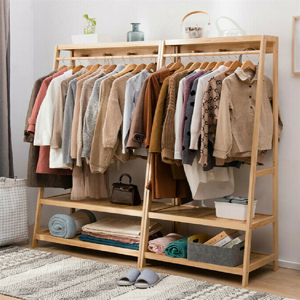Pretty Garment Rack P&P Rail Bamboo Clothes Rack Garment Hanging Stand 3 Tier Storage Shel ...