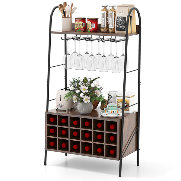 Kitchen Bar Cabinet with Wine Rack & Baker's Rack Shelves
