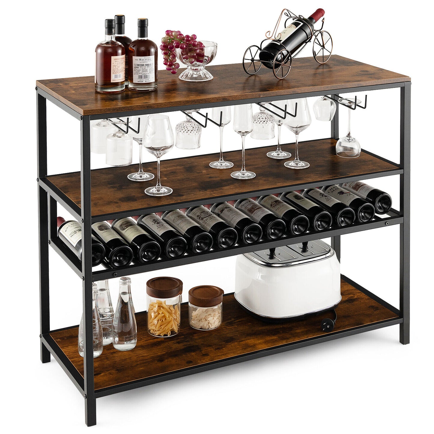 Industrial Wine Rack Table Bar Cabinet W 4 Rows of Glass Holder Kitchen