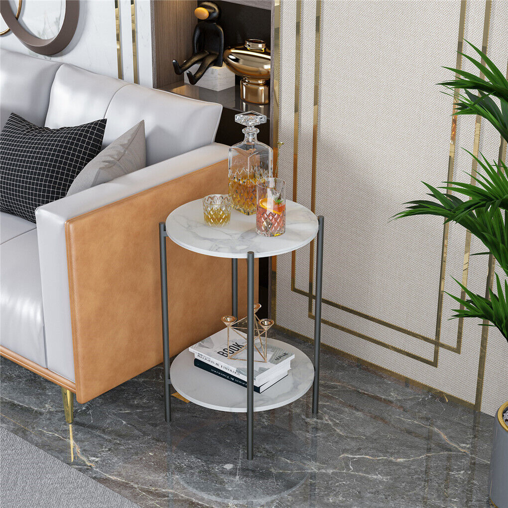 P&P High Gloss Marble Top End Table Coffee Side Table w/ Rustproof Solid Iron Frame