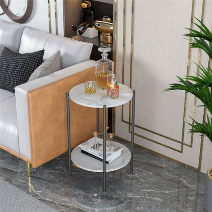 P&P High Gloss Marble Top End Table Coffee Side Table w/ Rustproof Solid Iron Frame