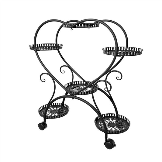 P&P Large 6 Pots Metal Plant Stand Heart-shaped Flower Pots Organizer Rack w/ Wheels