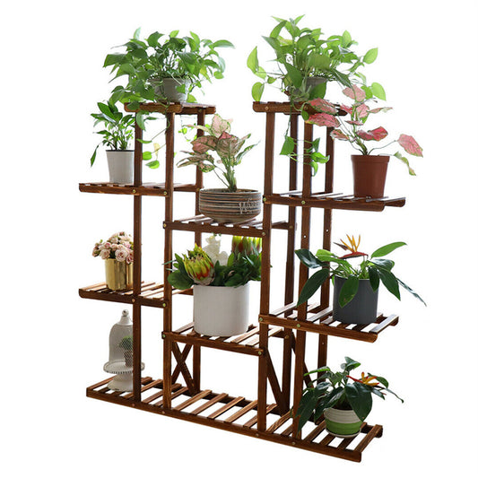 P&P 11 Tier Wood Plant Stand Carbonized 17 Pots Flower Holder Balcony Home Garden