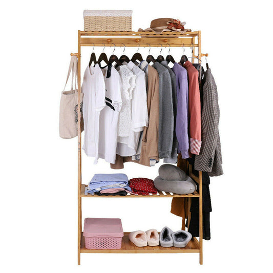 P&P Bamboo 3 in 1 Clothes Rail Garment Rack Stand Display Shelves Home Open Wardrobe