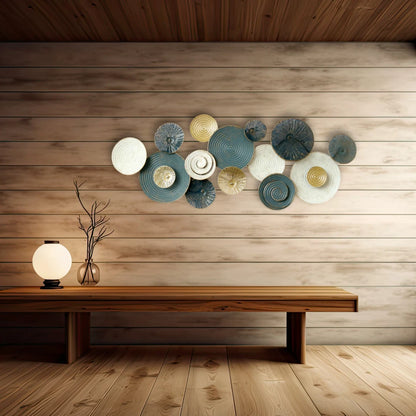 Blue, White and Gold Textured Circular Metal Wall Art for Elegant Home Styling
