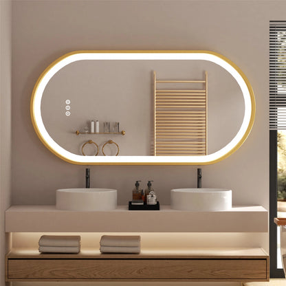 Oval LED Bathroom Mirror with Lights Luxury Gold Frame Anti-Fog Dimmable Wall Mirror, 3 Color Modes & Memory Function