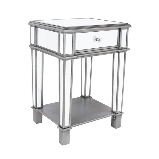 P&P 2 Tier Luxury Silver Mirrored Side Table Nightstand w/ Drawer Sofa Side Bedside