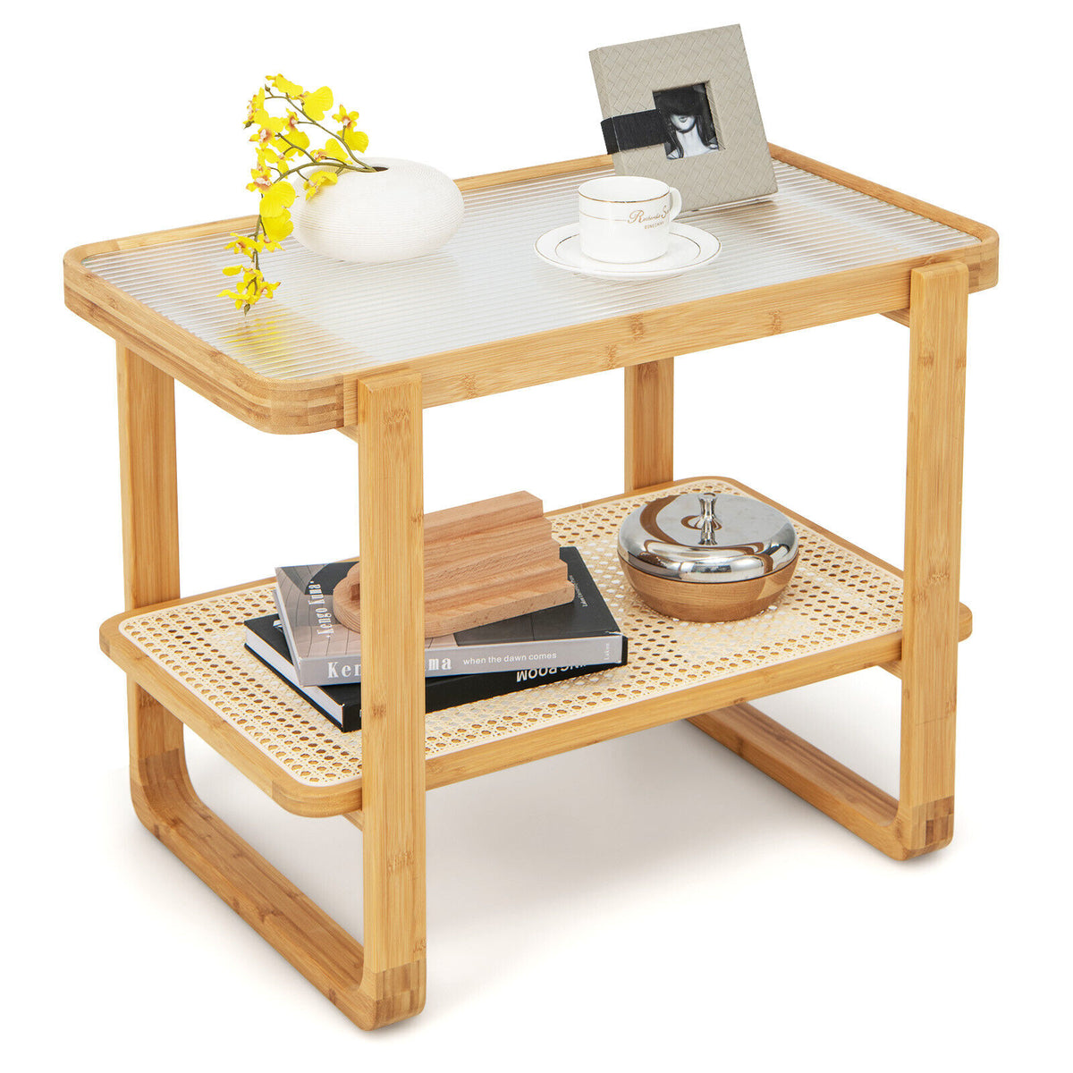 2-Tier Bamboo Side Table — Glass Top & Rattan Shelf