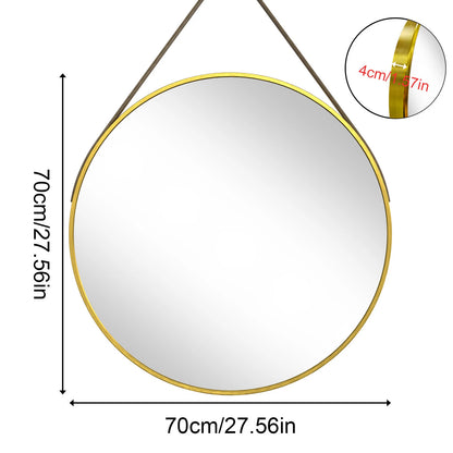 Round Wall Mirror with Leather Strap, Brushed Gold Metal Frame Makeup Vanity Mirror for Bathroom, Living Room, Entryway, Bedroom