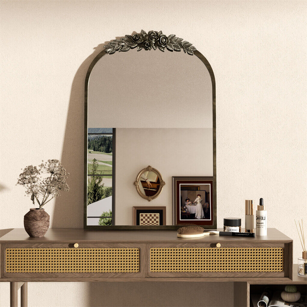 P&P Vintage Baroque Decorative Mirror Arched Antique Brass Wall Mirror Entryway Deco