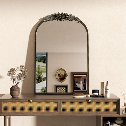 P&P Vintage Baroque Decorative Mirror Arched Antique Brass Wall Mirror Entryway Deco
