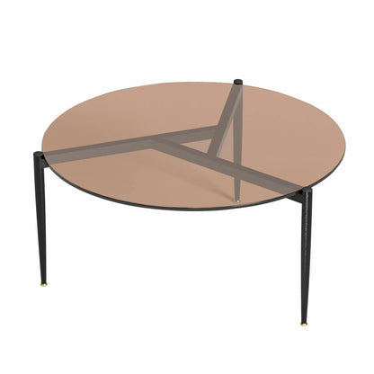 Glass Round Coffee Table with Metal Frame - Brown