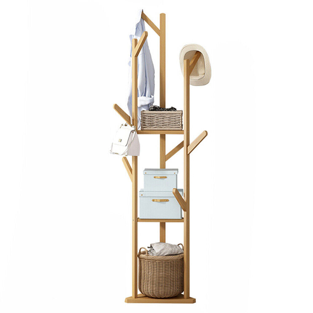 Wooden Coat Hat Hanger Stand 10 Hooks Floor Standing Clothes Bags Umbrella Rack