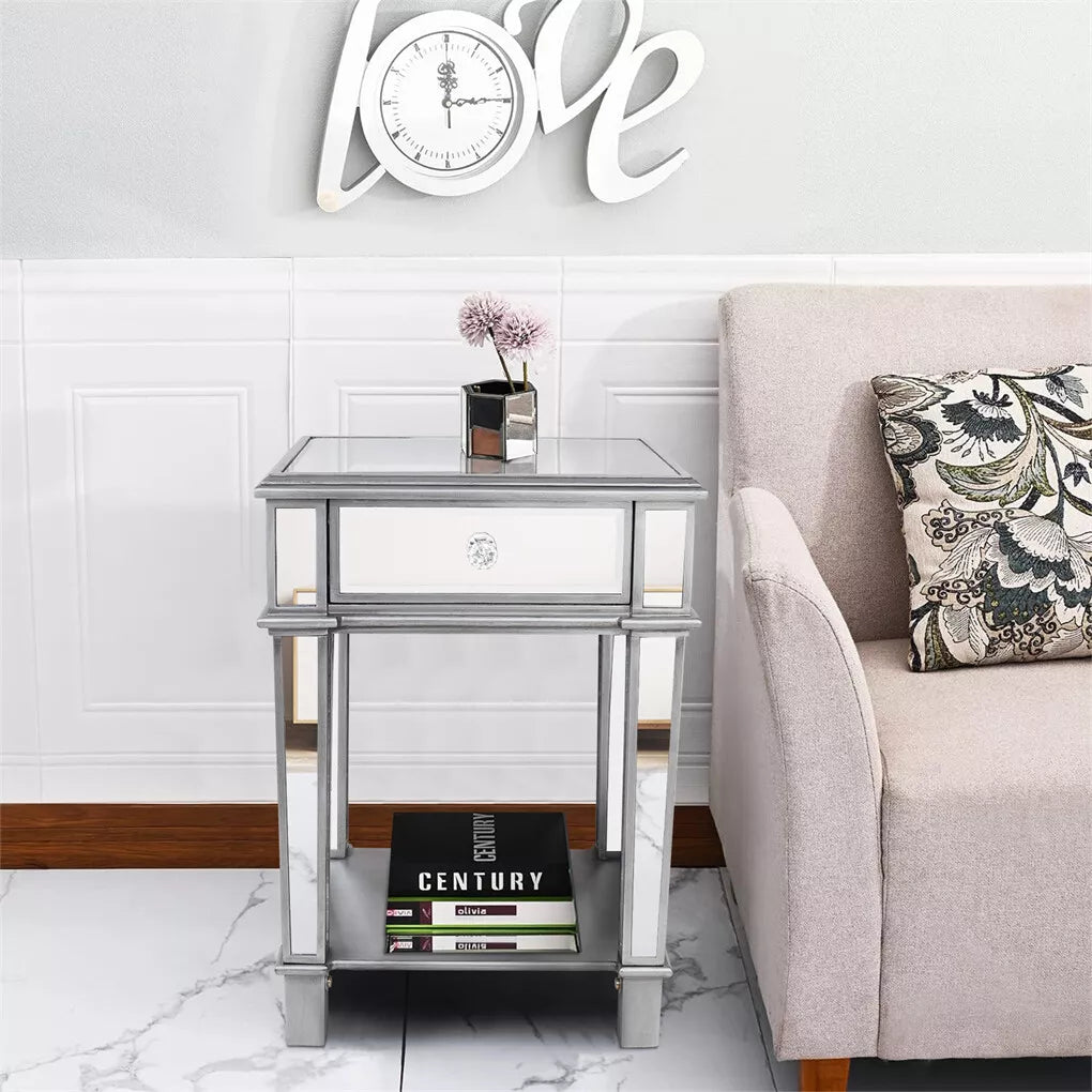 2-Tier Luxury Silver Mirrored Side Table Nightstand with Drawer Sofa Side Bedside