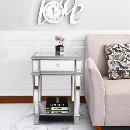 2-Tier Luxury Silver Mirrored Side Table Nightstand with Drawer Sofa Side Bedside