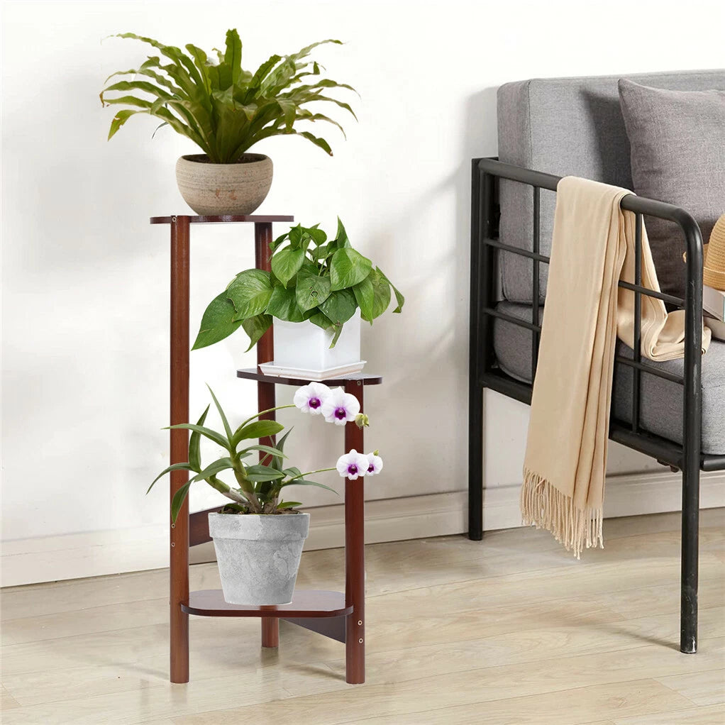 Triangular three-tier bamboo plant stand