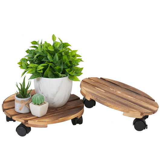 P&P 2 Pack Round Plant Caddy Wooden Plant Stand on Roller for Indoor Outdoor Patio