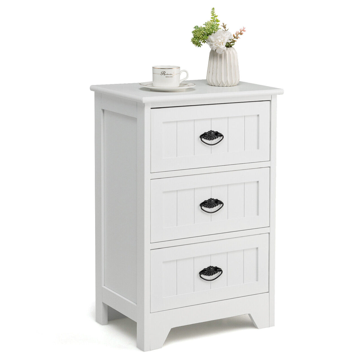 White Wooden Bedside Table with 3 Drawers
