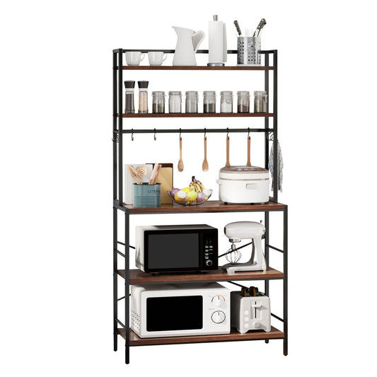 Wood and Metal 5-Tier Bakers Rack with Microwave Stand and Storage Shelves